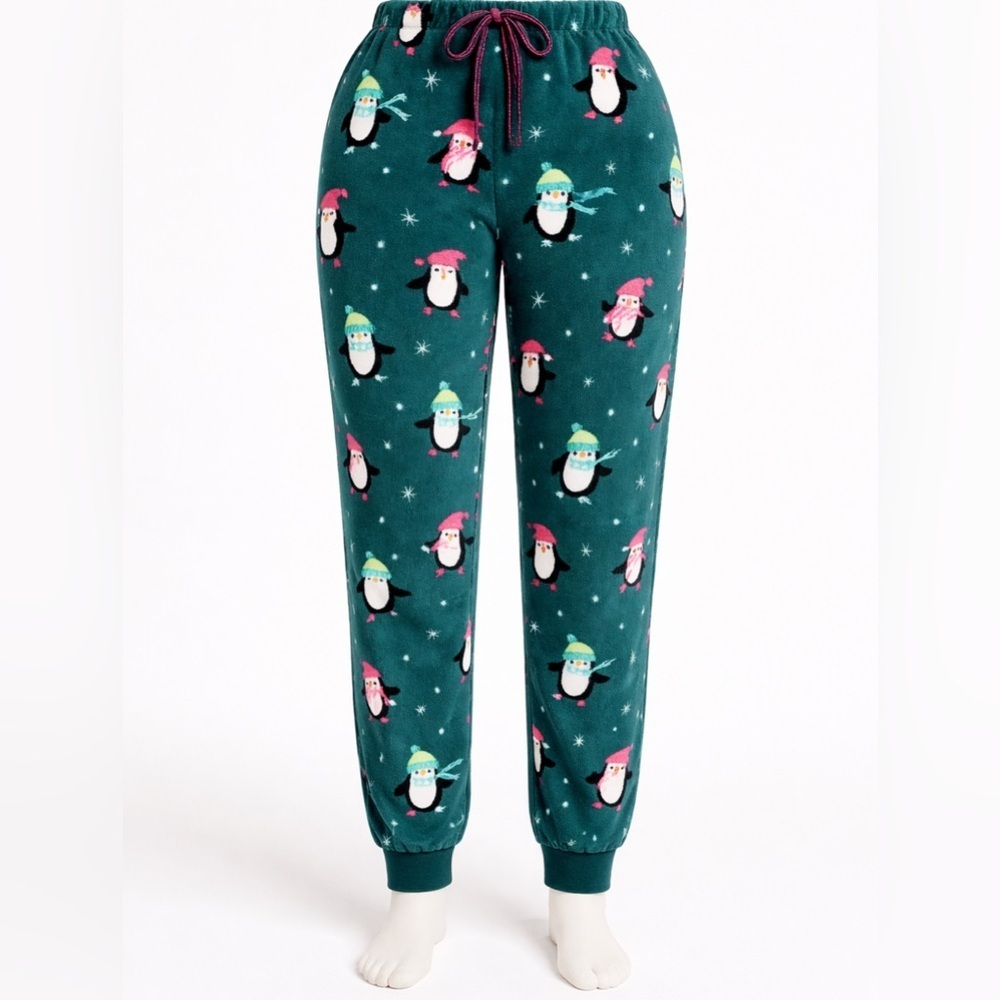 Joyspun 2X Cozy Green Penguin Plush Pajama Pants Whimsical Holiday Lounge